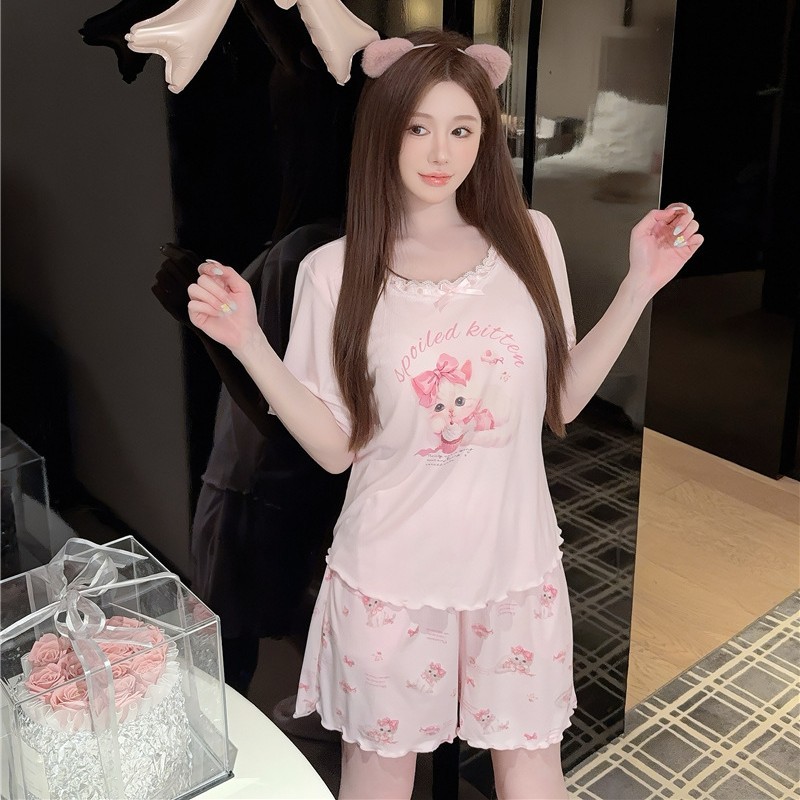 여성용 잠옷 여름 미세 스레드 모달 코튼 핑크 고양이 프린트 편안한 반팔 반바지 세트 가슴 코튼 홈웨어