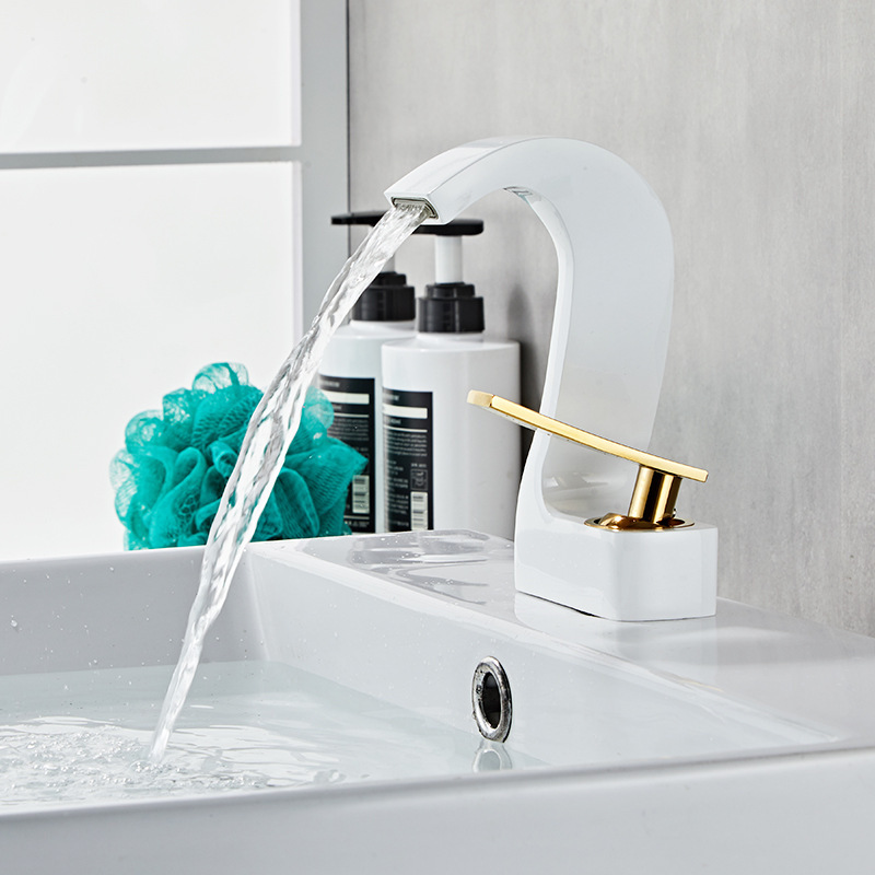 Household Bathroom All Copper Basin Cold and Hot Water White Faucet Bathroom Basin Wash Basin Waterfall Grab Grey Faucet