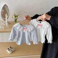 Детская хлопковая футболка с длинным рукавом для девочки 0-3 лет, осень 2025, милая принцесса, с воротником-стойкой