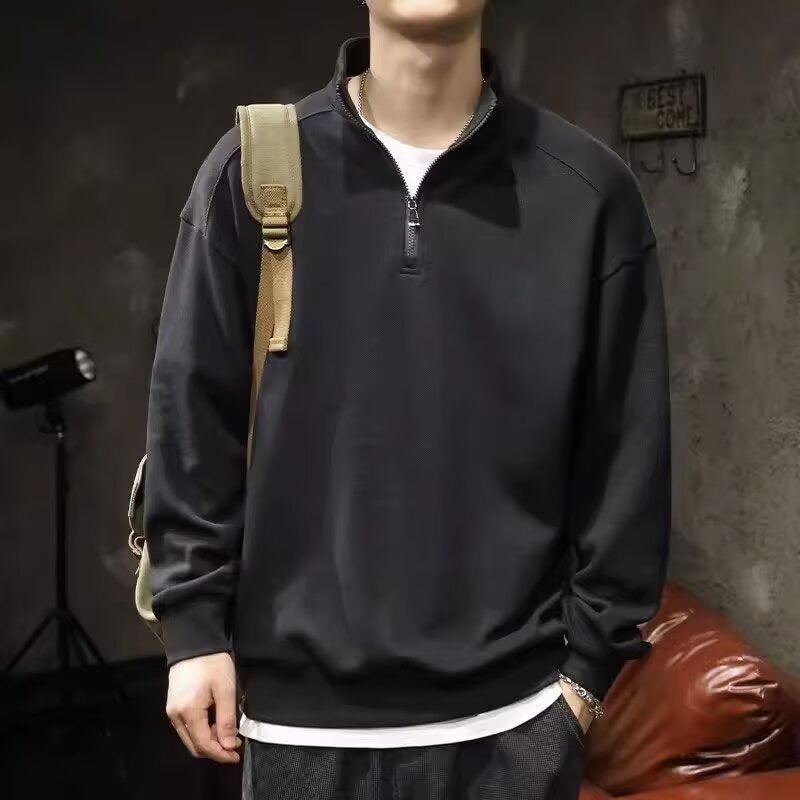 Half Zip Sweater Men's 2024 New Autumn Loose Lapel plus size Long Sleeve T-Shirt Polo Base Shirt