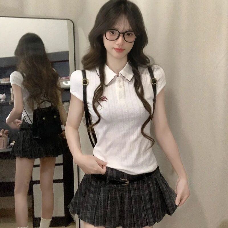 套装女2025夏季新款韩系学院风修身显瘦Polo领T恤上衣高腰半身裙|undefined