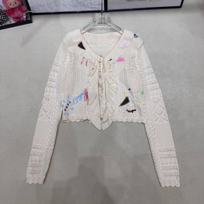25年秋季新款乌家手作贴布荷叶边毛针织长袖系带开衫宽松百搭毛衣|undefined
