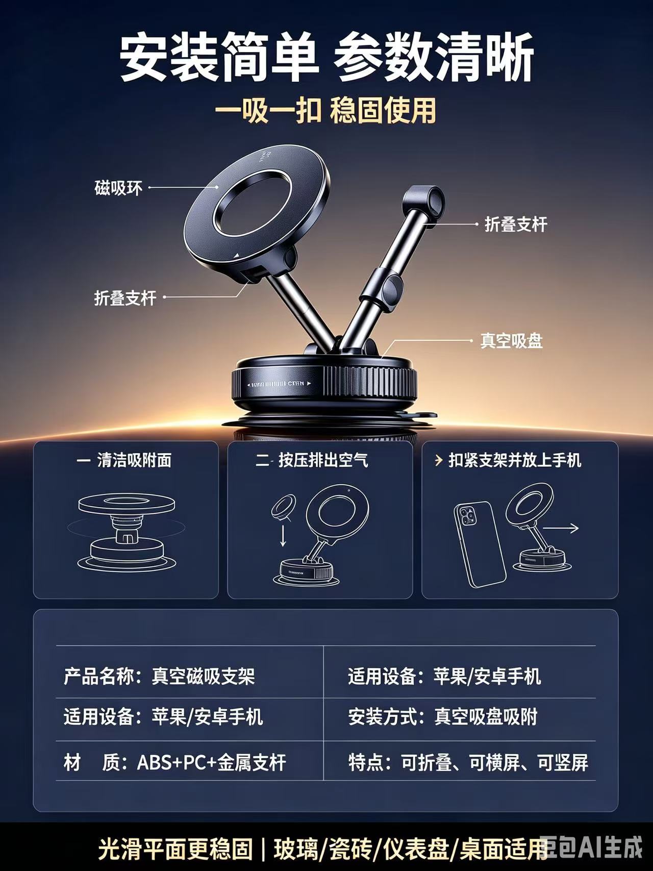 爆款【真强磁】折叠家居真空吸附车载手机支架吸盘式导航磁吸支架