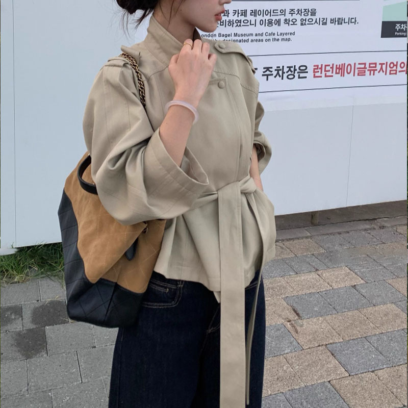 Hua Hua Slowly Paris ~ Korean Style Autumn Short Khaki Windbreaker Jacket for Petite Women Thin Top