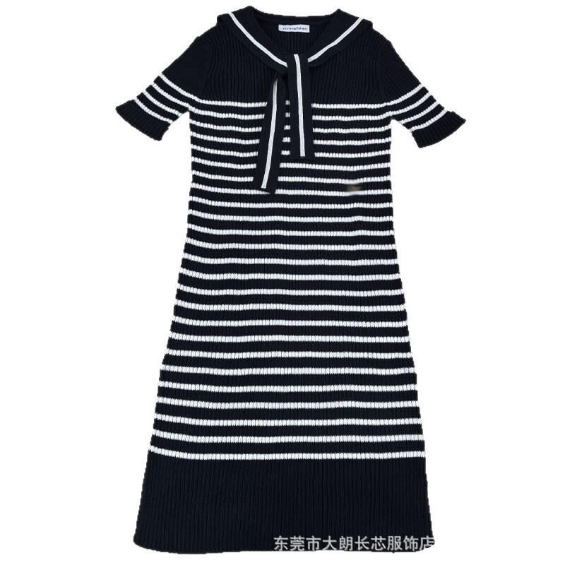Summer Slim-Fit Elegant Women's Dress with Navy Collar, Blue Stripes, Slimming and Age-Reducing, High-End Custom Knit Dress