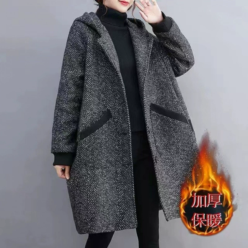 Длинное шерстяное пальто, демисезонная стёганая куртка для мамы, большой размер, средней длины, приталенное