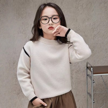 2025冬季新款儿童纯羊毛衫女童落肩圆领毛衣加厚拼色百搭打底衫