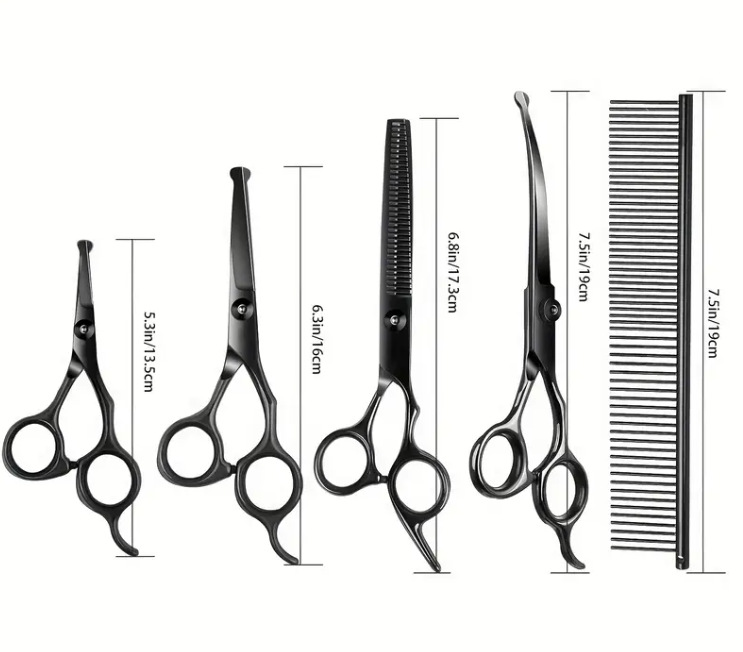 물고기 입 검정 4.5inch 플랫 + 5.5inch 플랫 + 6inch 치아 가위 + 6.5inch 하향 + 강철 빗 + 가죽 가방