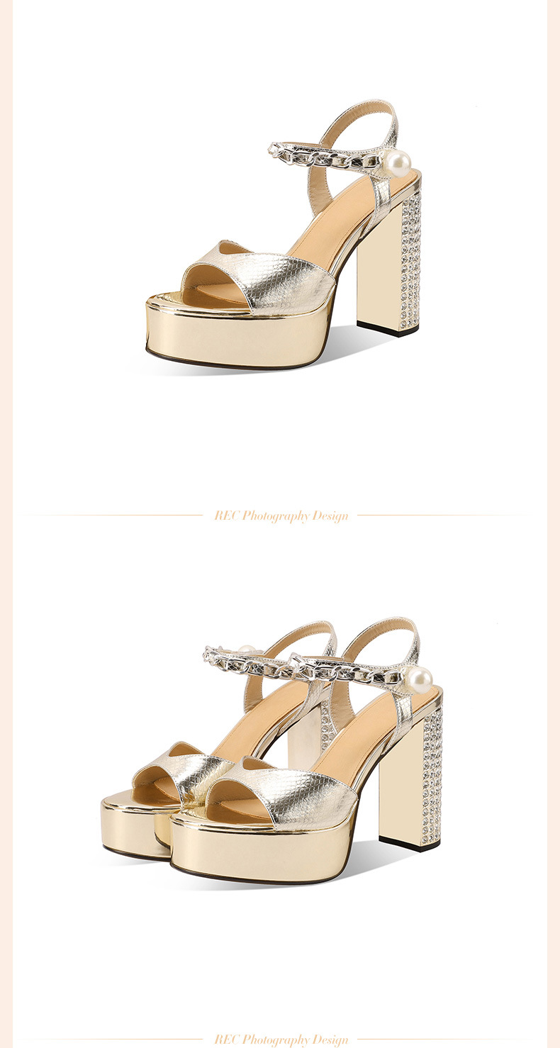Sandal cao gót nữ hở mũi đính đá, gót thô 12 cm, đế platform 4 cm, quai ngang khóa, da thật phong cách Âu Mỹ — đen chi tiết 4