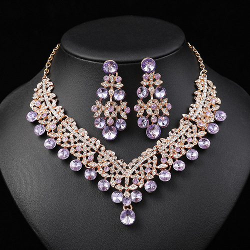 European and American cross-border hot selling bridal necklace and earrings set wedding dress evening dress photo studio accessories gem jewelry wholesale