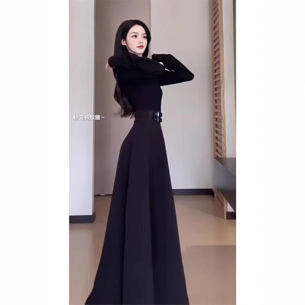 검은 색 하이 엔드 긴팔 원피스 어린이 가을과 겨울 스파이스 소녀 순수한 욕망 작은 코트 베이스 롱 스커트