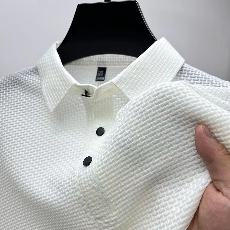 外国貿易ハイエンドアイスシルク半袖Tシャツメンズ夏薄いメッシュ通気性クールラペルシャツビジネストップトレンディ|undefined