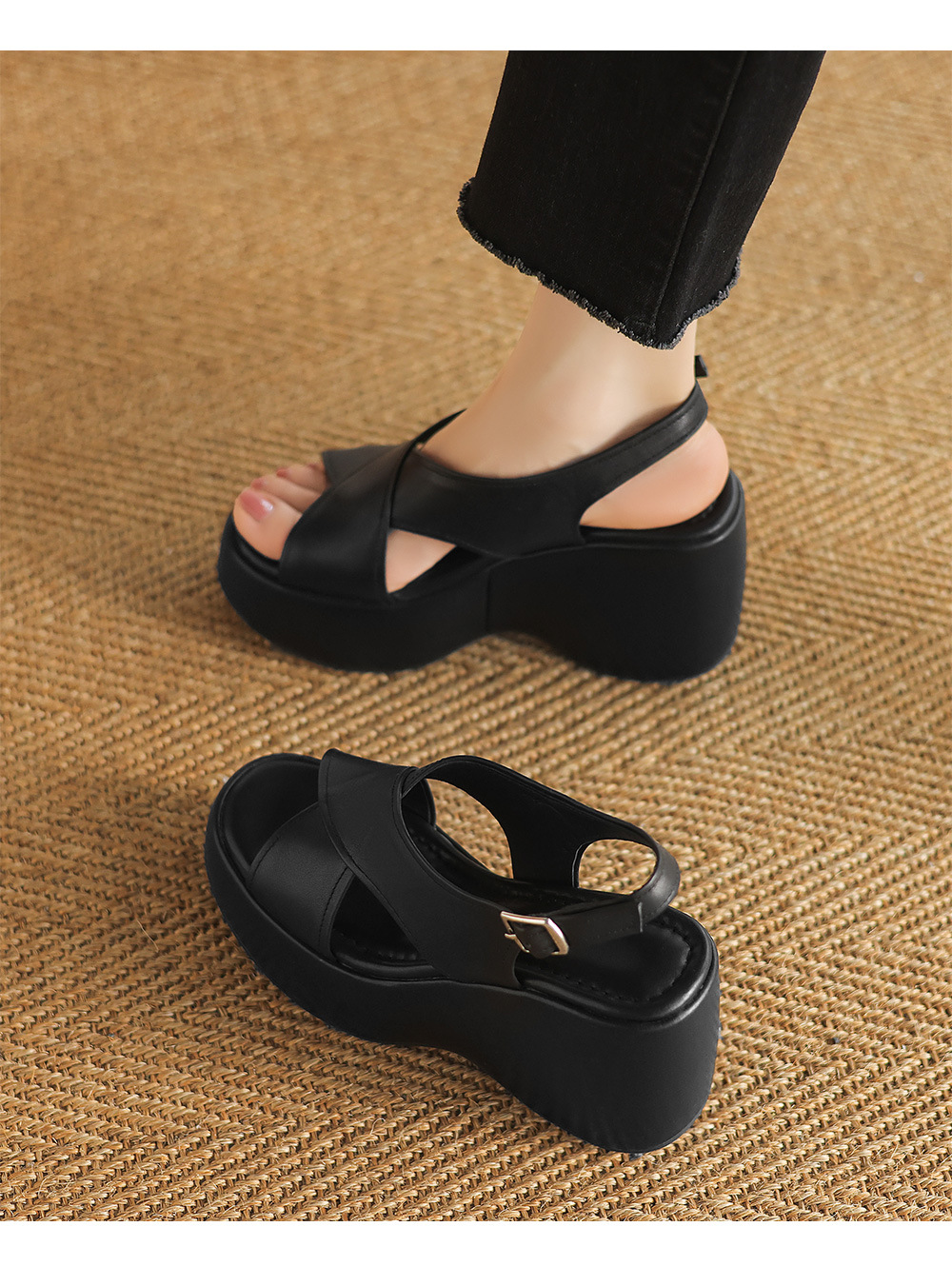 Sandal hở mũi da thật quai chéo kiểu Pháp, gót xuồng cao 9 cm, dáng thon gọn — Màu đen, Màu trắng be chi tiết 11