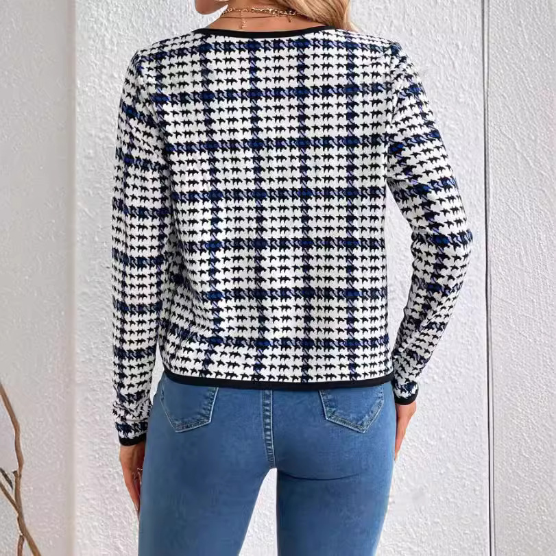 Women's Clothing temperament commuter women's jacket round neck plaid short coat_desvips.com