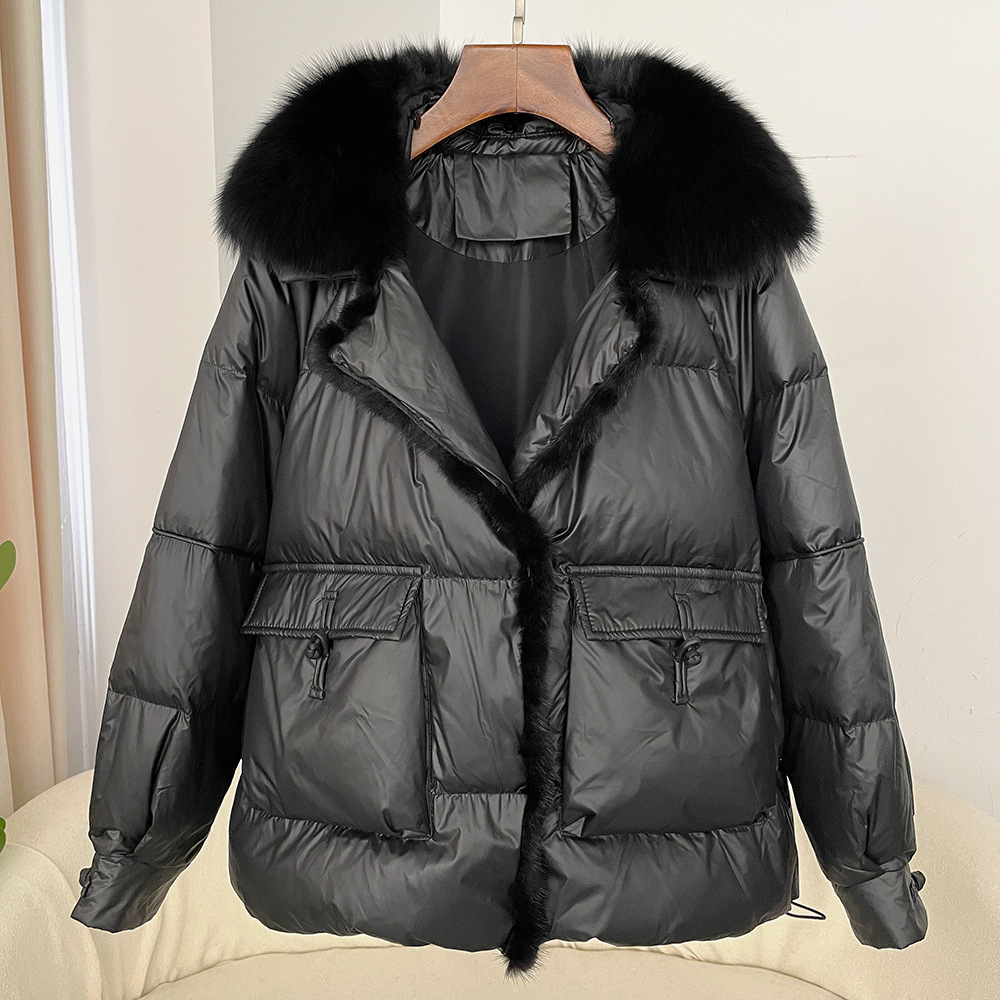 Women's Clothing Real fox fur collar down jacket for women new style spliced mink fur short buttoned white duck down slimming jacket_voghion.com