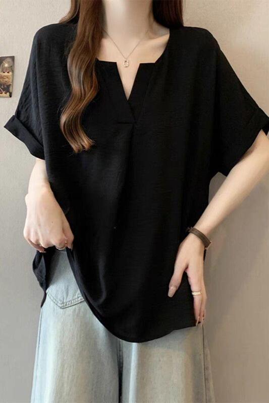Summer New Style Tummy-Covering V-Neck Short-Sleeve Shirt for Women, Base Shirt for Slightly Plump Girls, Plus-Size Design, Loose Top