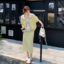水平盐甜系穿搭黄色蕾丝拼接卫衣套装春女新款小个子休闲半身裙两