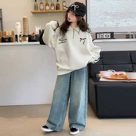 女童秋装卫衣套装2025新款洋气时髦休闲女大童蝴蝶结织带翻领上衣