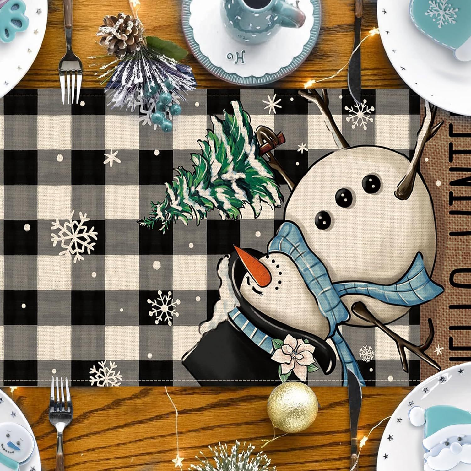 Transfronterizo 2024 Amazon nuevo invierno Navidad muñeco de nieve flocos de nieve lino tabla bandera de mesa mesa mesa de comedor bandera de té image 3