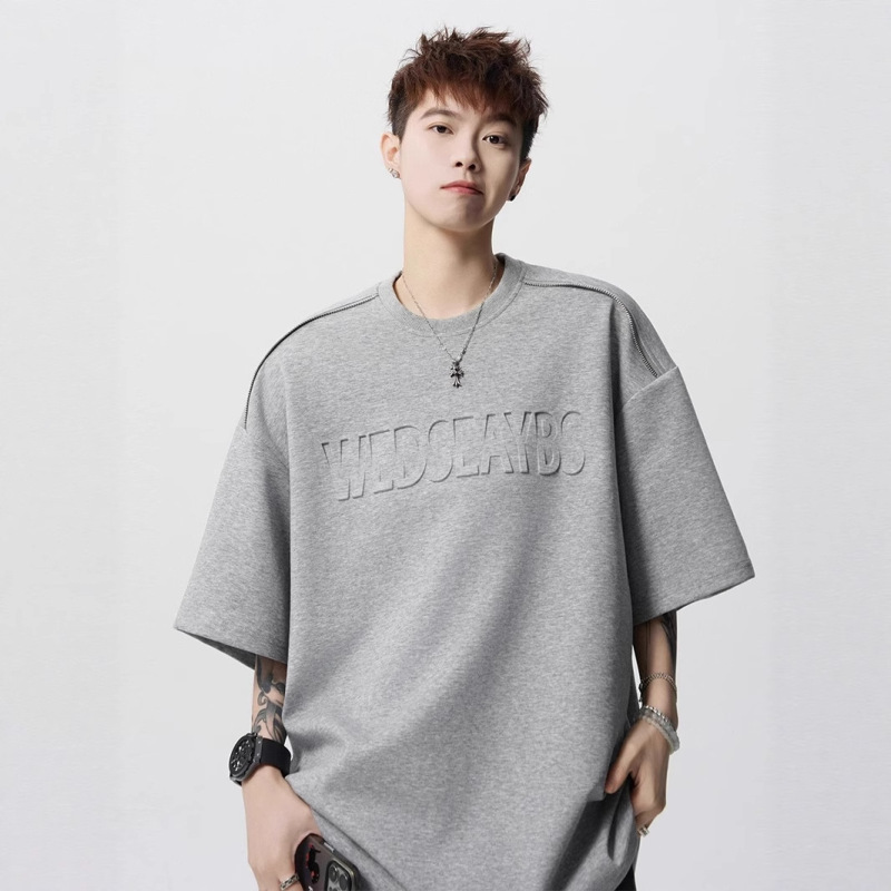 ヘビーウェイト半袖 Tシャツメンズ 2025 新作夏服レタープリントルーズカジュアルラウンドネック半袖 Tシャツイン|undefined