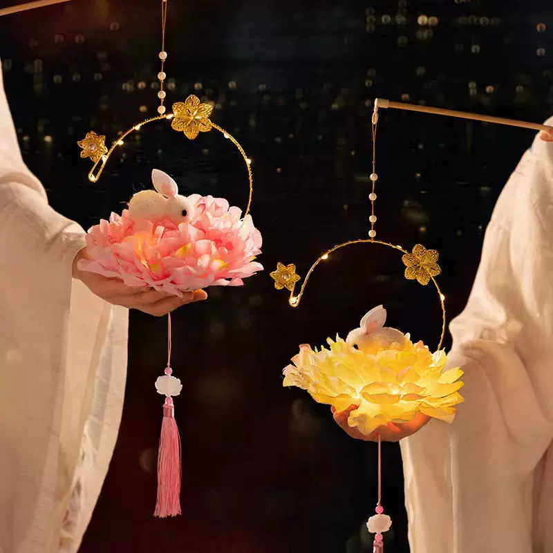 元宵春节兔子灯笼儿童手提古风diy材料包汉服拍照夜市发光花灯