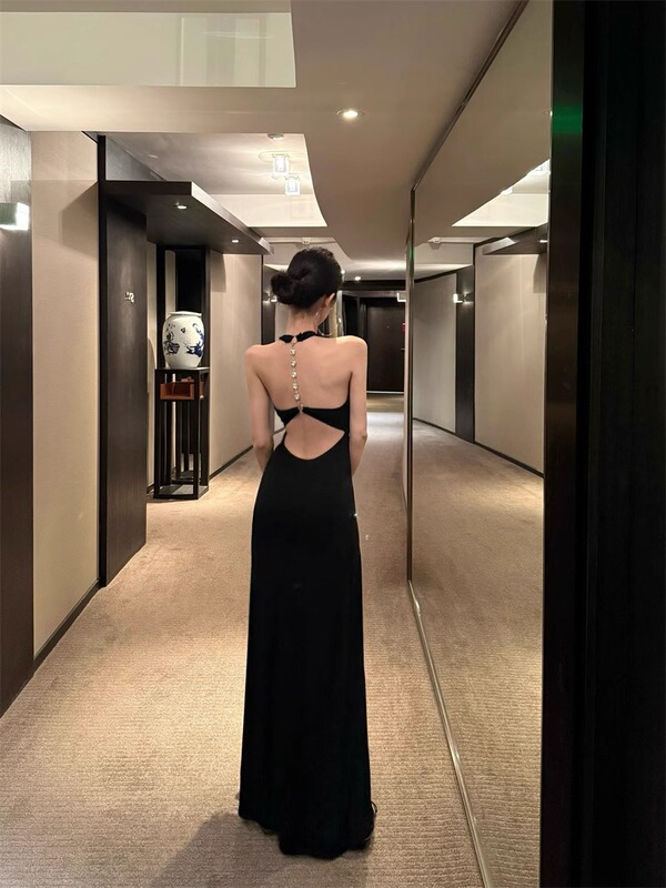Designed with a Sense of Style, Backless Halter Neck Dress for Women, Summer Mature Style Slim Fit Long Dress, Black Elegant Bodycon Dress Designed with a Sense of Style, Backless Halter Neck Dress for Women, Summer Mature Style Slim Fit Long Dress, Black Elegant Bodycon Dress