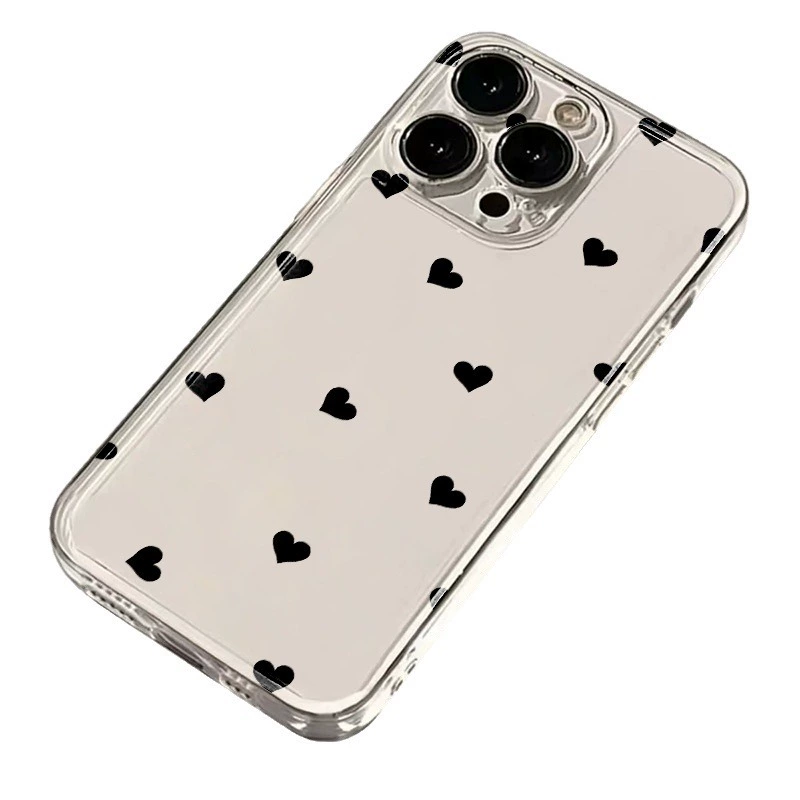 Чехол для телефона (Apple) iPhone 12–17 серия, прозрачная задняя панель с чёрными сердечками