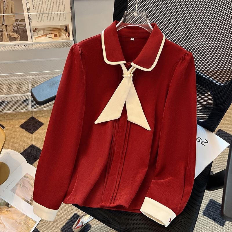 Contrast Color Tie Doll Collar Shirt for Women 2025 Winter New Elegant Versatile Long-Sleeved Shirt Thickeneded Brushed Top