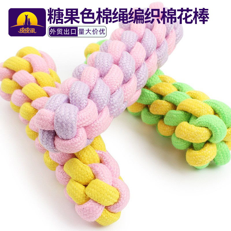 Cuerda de algodón de color caramelo de dos colores tejida Twist stick 18CM al por mayor juguete para mascotas palo de maíz cuerda de algodón