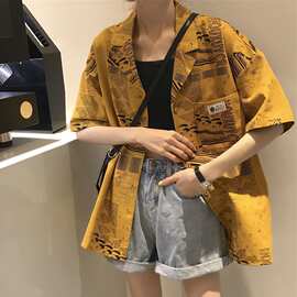 港风衬衫女短袖夏季新款复古宽松外穿小众印花衬衣外套薄款上衣