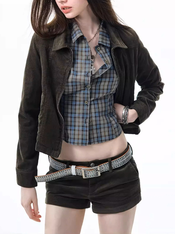格纹长袖衬衫后背蝴蝶结系带设计秋季收腰显瘦上衣短衬衣女|undefined