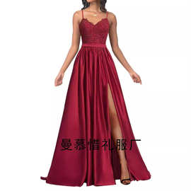 外贸亚马逊长款缎面晚礼服舞会服婚纱带蕾丝镶边贴花丝绸拖地长裙