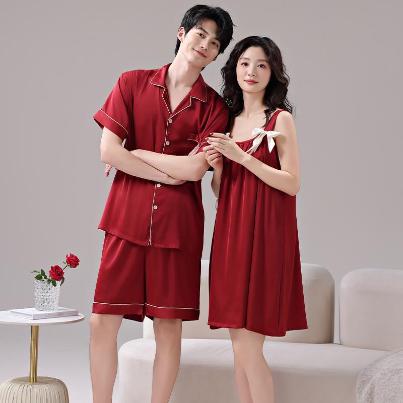 Red Couple Pajamas Summer Ice Silk Sexy Sling Nightgown Women and Men's suit Wedding Wedding Festive Home Clothes