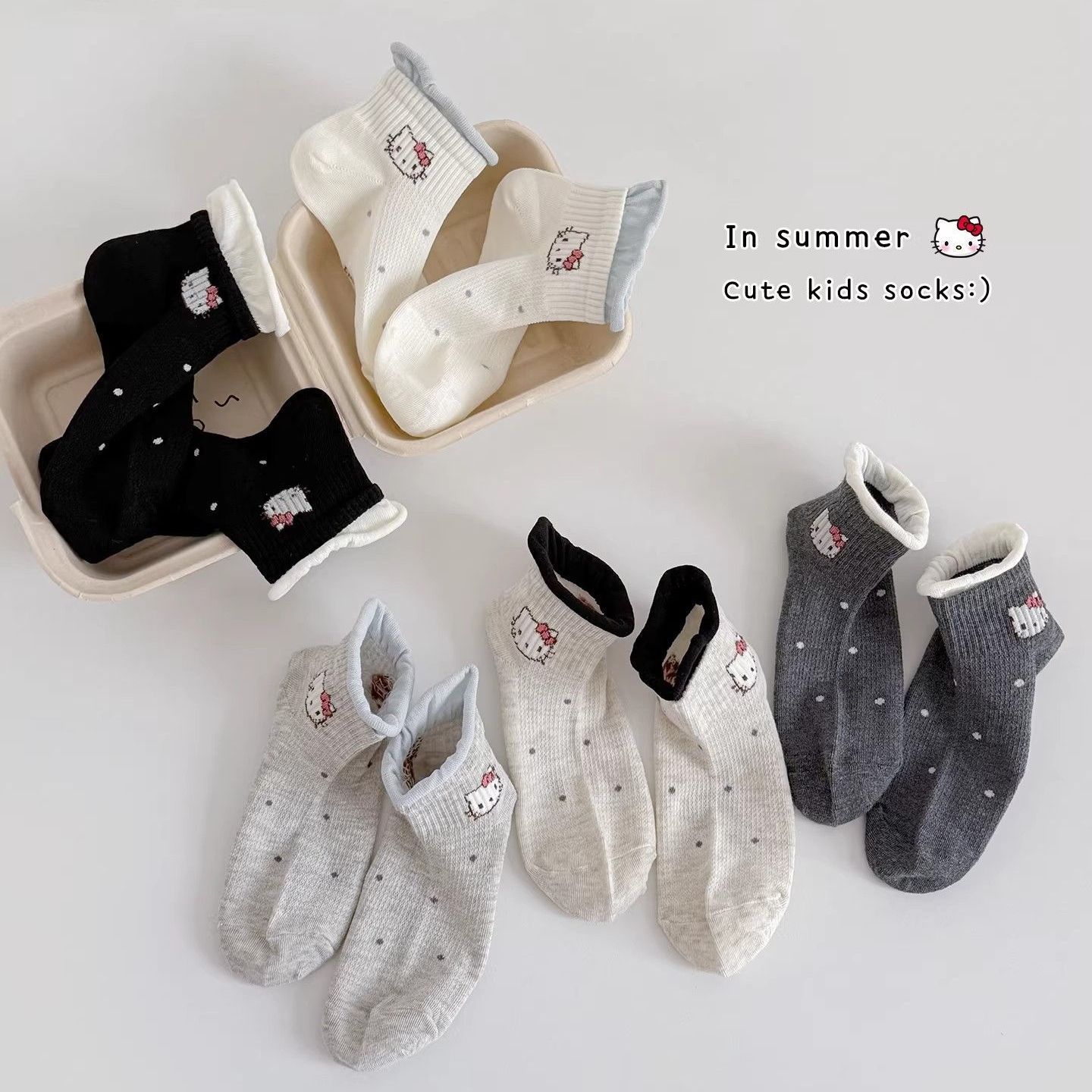 Girls' socks, spring/summer thin mesh children's Korean style cartoon KT cat rolled-up socks for summer students