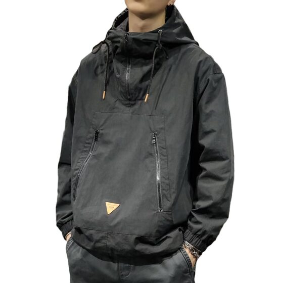 Outdoor workwear hooded jacket men's loose plus size Japanese half zipper casual jacket men's spring and autumn