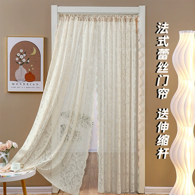 Модная французская кружевная прозрачная дверная занавеска, полузанавеска без установки, телескопическая штанга, москитная перегородка с кружевным дизайном