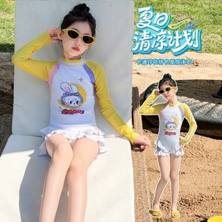 女童泳衣夏季2026新款洋气拼色长袖连体泳装中大童儿童卡通度假风
