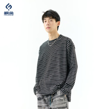枫舍男装 /德绒圆领宽松条纹T恤女秋冬美式宽松慵懒风打底衫T上衣