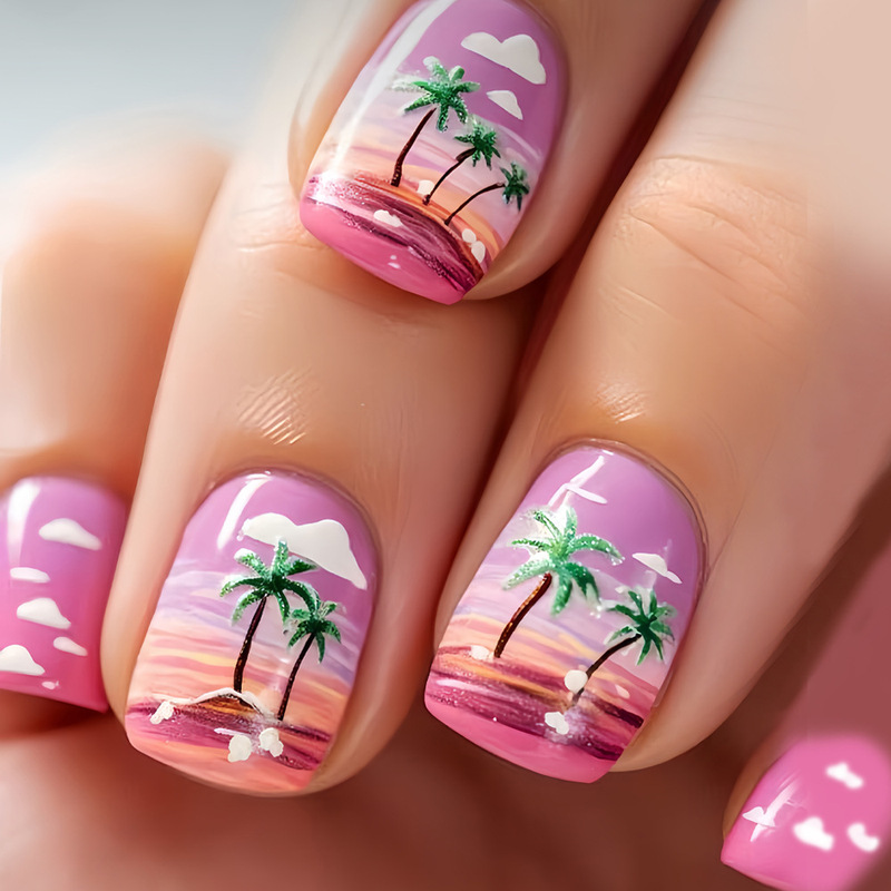 European and American Cross-Border 24-Piece Short Square Nails Pink Beach Fake Nails Tropical Palm Tree Press-On Nails