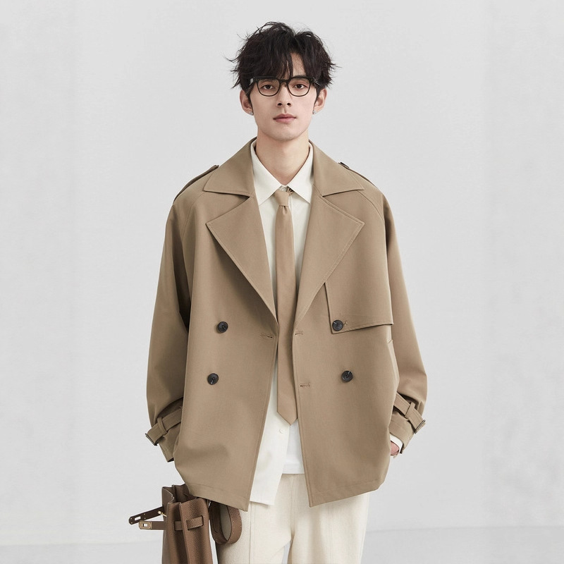 Spring and Autumn Short Double-Breasted Trench Coat for Men with Niche Design, Suit Collar Jacket, Solid Color Casual Korean Style Trench Coat for Men