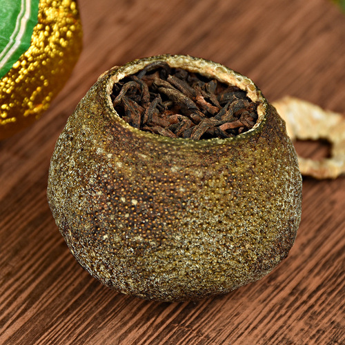 Xinhui small green tangerine sun-dried Pu-erh tea tangerine orange Pu-cha tea leaves round bucket wooden bucket packaging ripe tea particles 500g