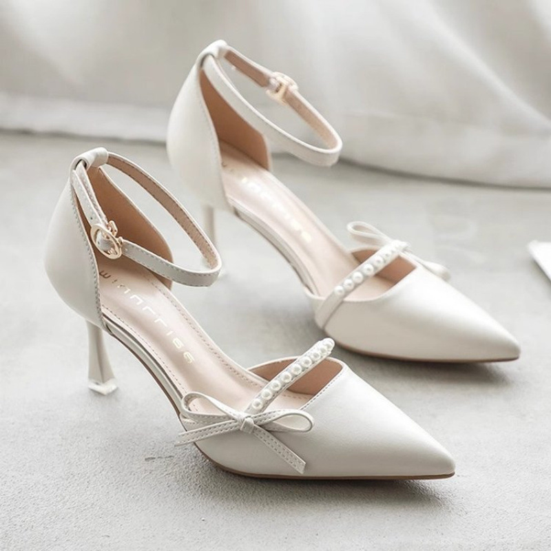One-Strap Hollow Pointed-Toe Single Shoes, New French-Style Pearl Closed-Toe Sandals for Summer 2026, Paired with Skirts and High Heels
