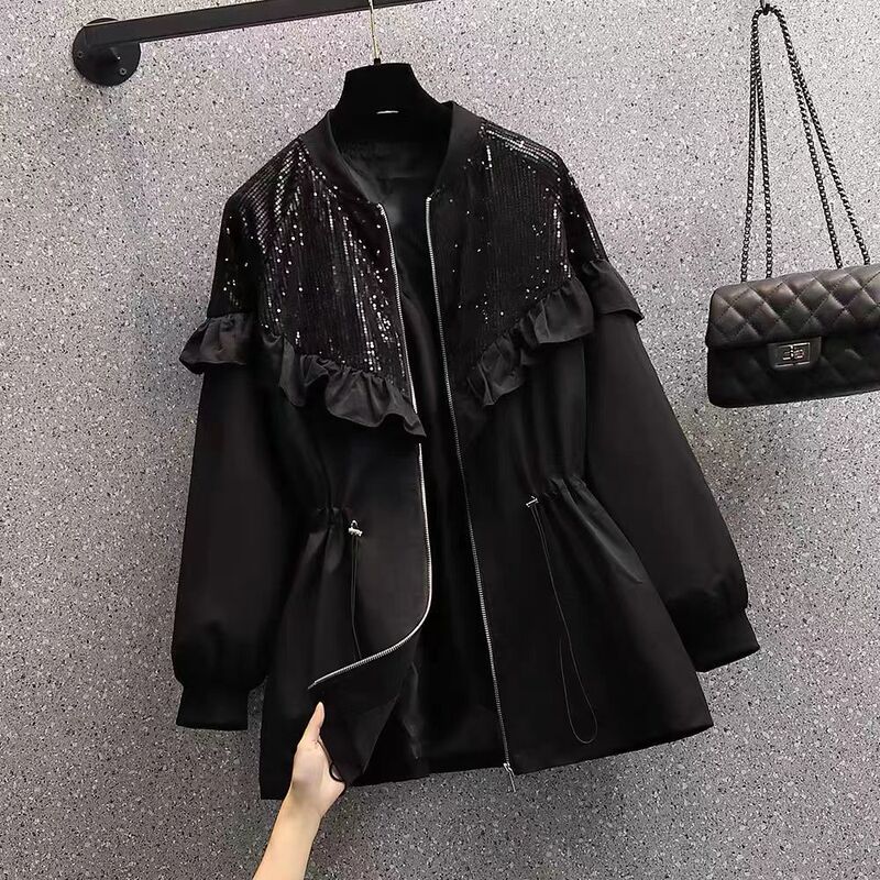 2025 Spring and Autumn New Popular Fashion Wood Ear Lace Sequin Tops Women's Casual Tops Early Autumn Waist Windbreaker