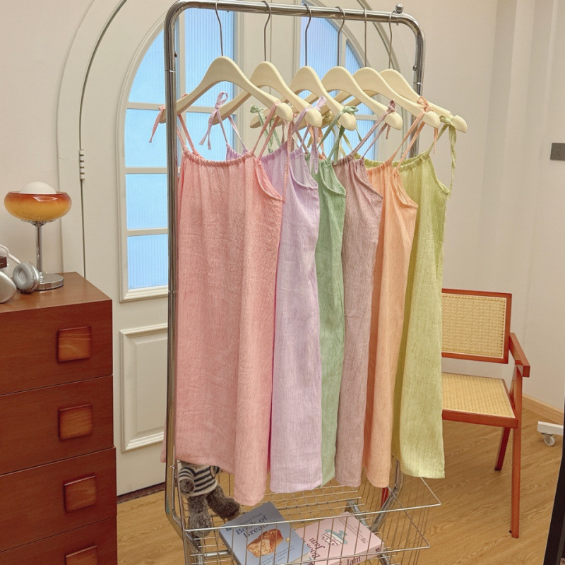 Muji Summer Suspender Nightgown with Straps and Breast Pads Candy Color Fashionable Casual Girl Dress Home Wear