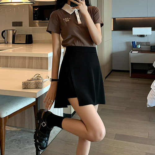 Casual Semi-Skirt Thin Size Opening Season Trend A-Line Black Short Skirt Women Summer Anti-Stray Light High-Waist Slimming