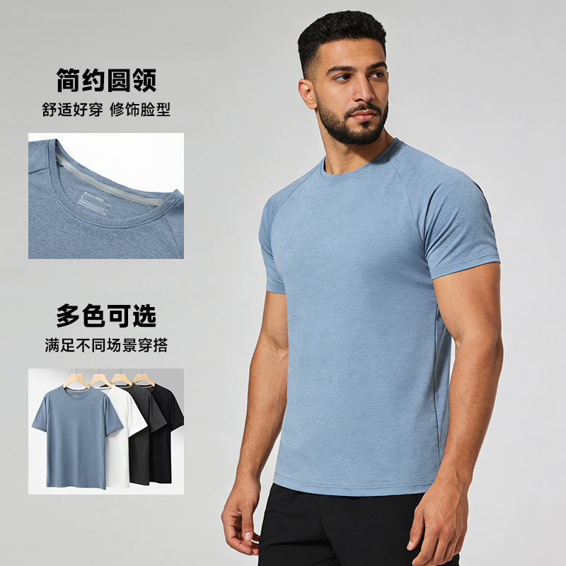 Cross-Border European and American Summer Men's Simple Round-Neck Quick-Dry Ice Silk Fitness T-Shirt Solid Color Short-Sleeve Men's Running Top