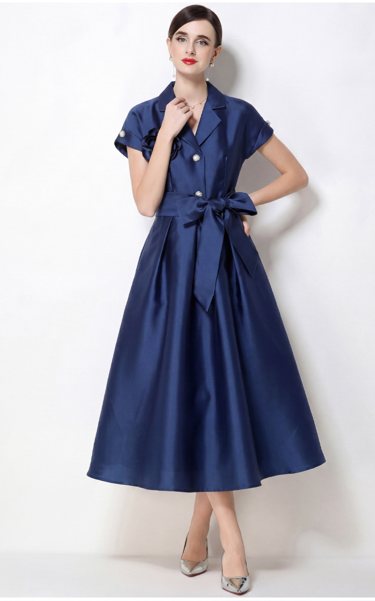 Đầm maxi nữ hoa nổi tay ngắn cổ vest thắt eo jacquard xòe — màu đen, Rượu vang đỏ, xanh lam, màu hồng đậm chi tiết 31