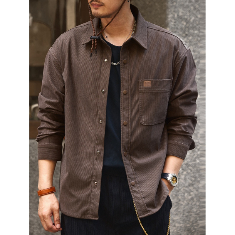 2025 American Retro Corduroy Long-Sleeved Shirt Men's Autum Loose Trendy Brand Textured Plaid Shirt Jacket