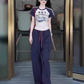 时尚宽松插肩袖印花T恤工装裤两件套2026夏季新款潮流新潮套装女