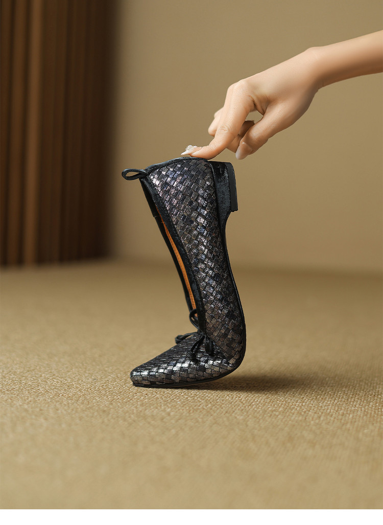 Giày lười nữ mũi vuông da bò thật phối nơ, gót thấp 2–3 cm, form miệng nông — Màu đen, Màu mơ chi tiết 12
